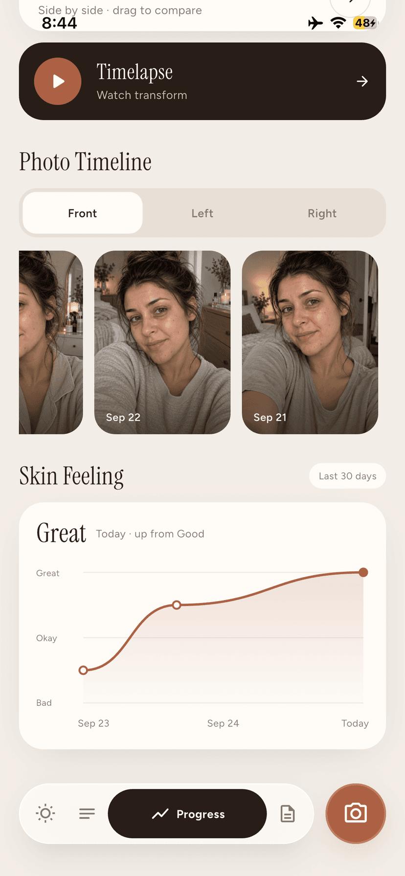 Zavelo photo timeline and skin feeling chart